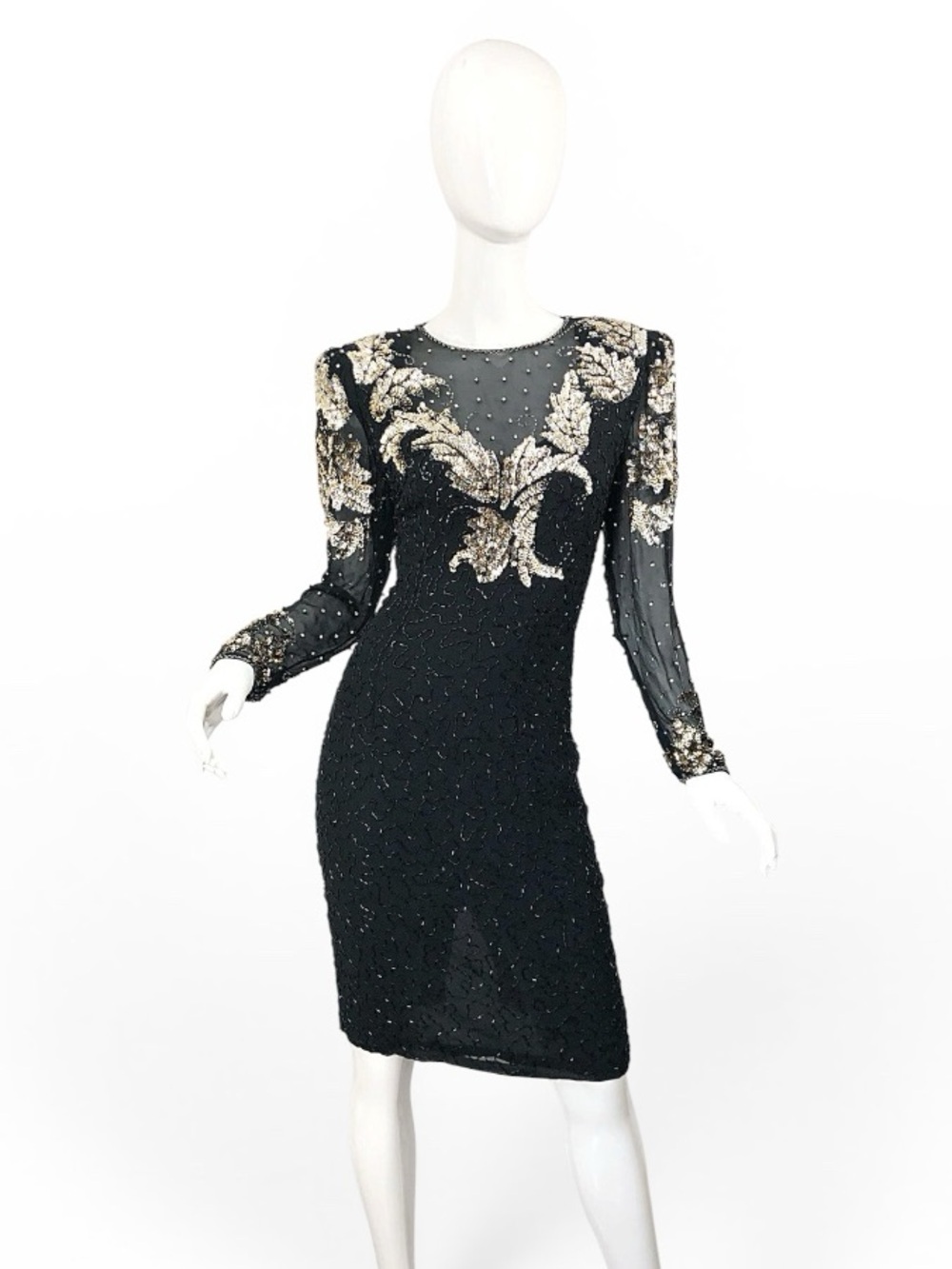 LAURENCE KAZAR Black Silk Dress Silver Sequin Beaded Embellished 90’s Vintage M